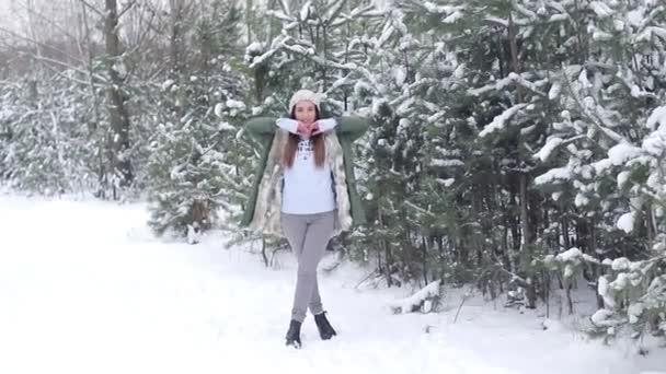 Meisje in besneeuwde bos — Stockvideo