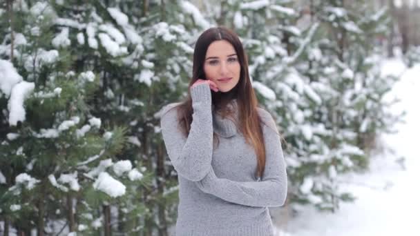 在白雪皑皑的森林里的女孩 — 图库视频影像