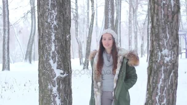 Дівчина позує в лісі сніг — стокове відео