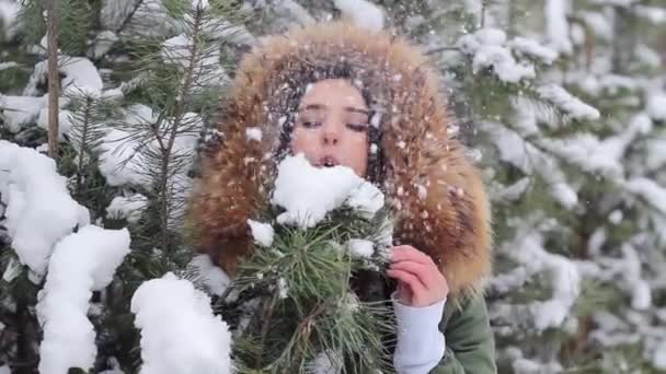 La chica es feliz, sonríe y sopla la nieve del árbol — Vídeo de stock