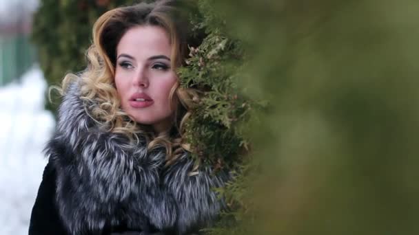 Flicka poserar i snön Park — Stockvideo