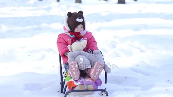 Маленькая девочка, сидящая на санях в снежных лесах — стоковое видео