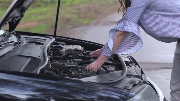 Aantrekkelijke jonge vrouw op zoek onder de motorkap van auto — Stockvideo