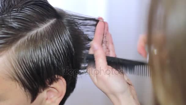 Vrouw krijgt een kapsel door een professionele kapper met kam en schaar verzorgen — Stockvideo