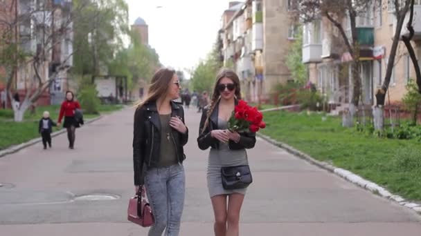 Zwei schöne Mädchen sind unterwegs, haben Spaß, reden, lächeln — Stockvideo