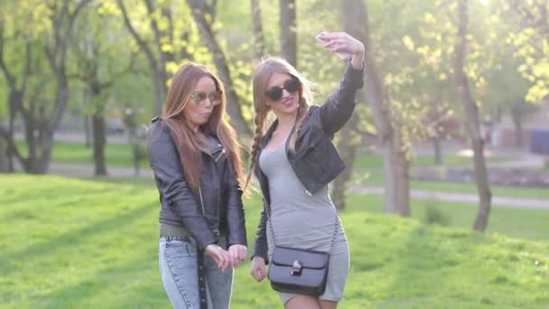 两个漂亮的女孩在繁花似锦的手机使自拍照 — 图库视频影像