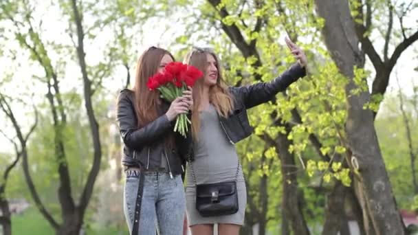 Ξανθιά και μελαχρινή κάνει μια κοινή selfie στη φύση — Αρχείο Βίντεο