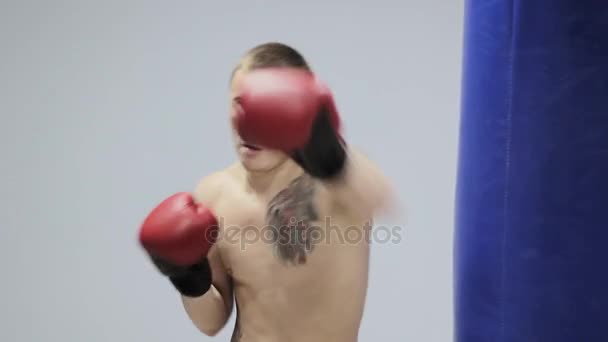 Boxeador joven con pera deportiva — Vídeos de Stock