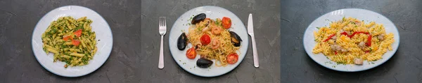 Collage, verschillende soorten Italiaanse pasta 's met spinazie, rode vis, tomatensaus, vlees, tomaten, zeevruchten mosselen en kaas — Stockfoto
