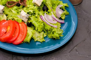 Ahtapot ya da kalamar salatası, peynir, domates, zeytin, soğan, baharat ve kızarmış ekmek, sos ya da yağlı mavi tabak, kopyalama alanı.