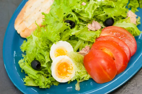 Salat med tunfisk, egg, tomatoliven og krutonger – stockfoto