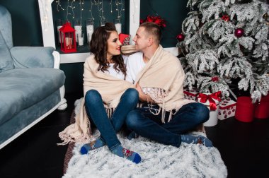 Sevgi dolu evli bir çift, zayıf, atletik bir adam ve Noel ağacı ve şöminenin yanında güzel bir kadın. Kareli kumaşa sarılmış bir çift.