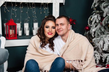 Sevgi dolu evli bir çift, zayıf, atletik bir adam ve Noel ağacı ve şöminenin yanında güzel bir kadın. Kareli kumaşa sarılmış bir çift.