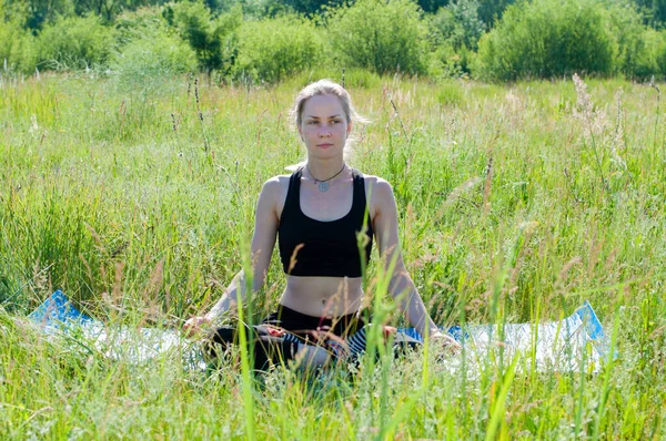 Jovem Mulher Bonita Traje Treino Faz Ioga Natureza Verão Medita — Fotografia de Stock