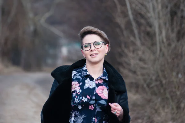 Happy Pensive Young Woman Walks Path Park Cloudy Spring Day — Stock Photo, Image