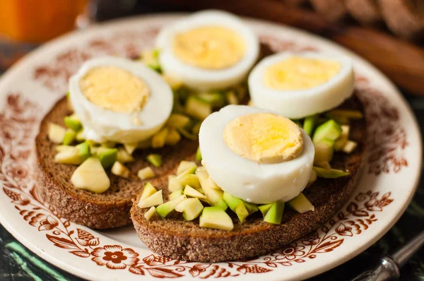 Concept Diet Proper Nutrition Two Sandwiches Egg Avocado Close — Stock Photo, Image