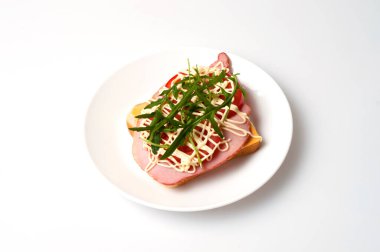 Tost, mersin balığı, domates, roka, peynir ve mayonez için ekmek sandviçi.