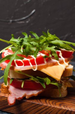 Jambon, balyk, roka, peynir, domates ve mayonez ile çok iştah açıcı büyük bir sandviç. Kırsal kesim tahtasının üzerinde, yakın plan gri bir arka plan görüntüsü var.