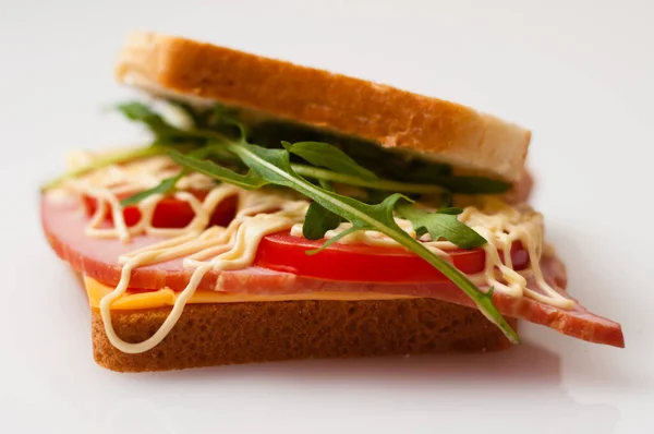 Sandwich Made Bread Toast Balyk Tomatoes Arugula Cheese Mayonnaise White — Stock Photo, Image
