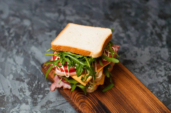 Huge Delicious Sandwich Ham Sturgeon Arugula Cheese Tomato Mayonnaise Cutting — Stock Photo, Image