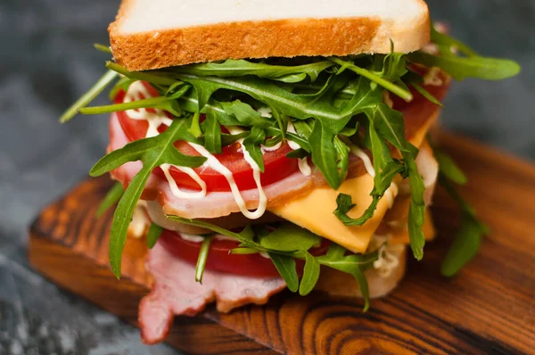 Huge Delicious Sandwich Ham Sturgeon Arugula Cheese Tomato Mayonnaise Cutting — Stock Photo, Image