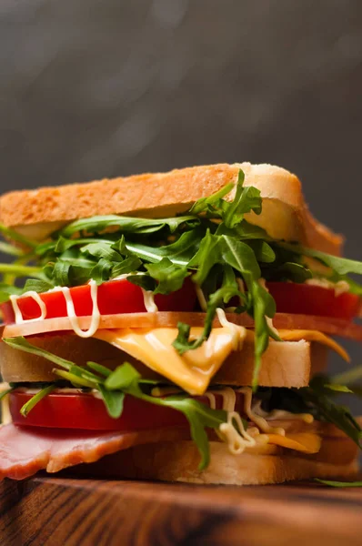 Huge Delicious Sandwich Ham Sturgeon Arugula Cheese Tomato Mayonnaise Cutting — Stock Photo, Image