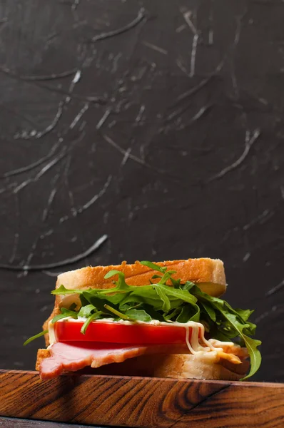 Very Tasty Big Sandwich Ham Balyk Arugula Cheese Tomatoes Mayonnaise — Stock Photo, Image