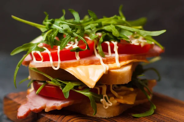 Very Appetizing Tasty Big Sandwich Ham Balyk Arugula Cheese Tomatoes — Stock Photo, Image