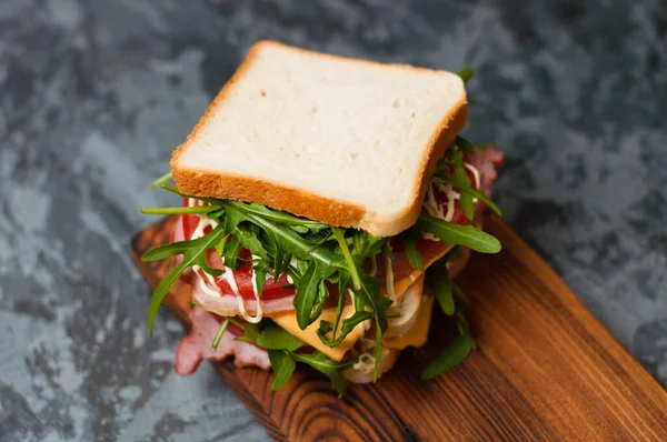 Huge Delicious Sandwich Ham Sturgeon Arugula Cheese Tomato Mayonnaise Cutting — Stock Photo, Image