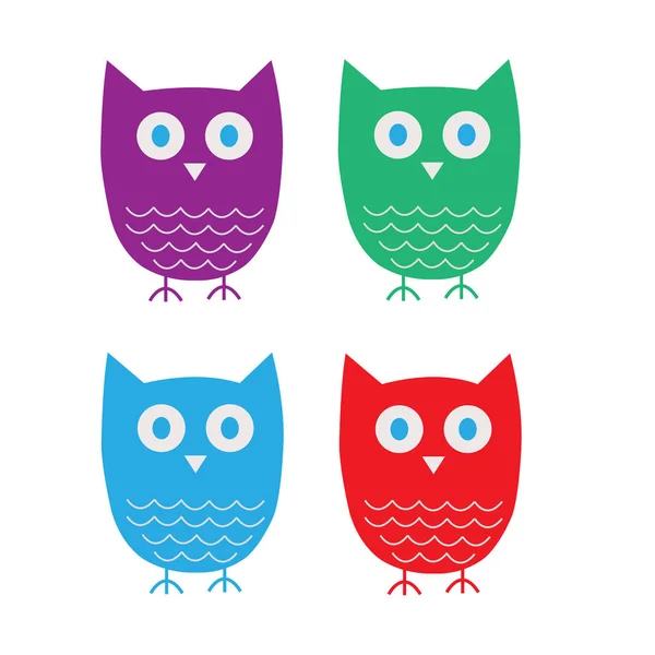 Four Cute Vector Owls Different Colors — Stock Vector