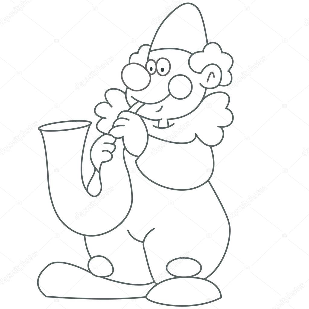 Clown playing saxophone. Coloring book page concept