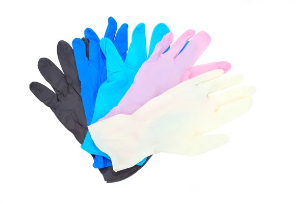 Πολύχρωμα Γάντια Από Λάτεξ Ιατρικά Απομονώνονται Λευκό Φόντο — Φωτογραφία Αρχείου