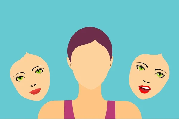Femme Sans Visage Avec Deux Masques Montrant Des Expressions Différentes — Image vectorielle