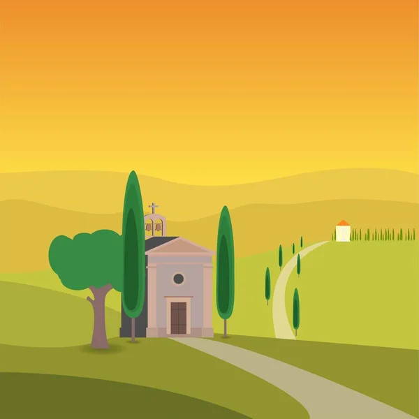 Biserica Într Câmp Înconjurat Copaci Toscana — Vector de stoc