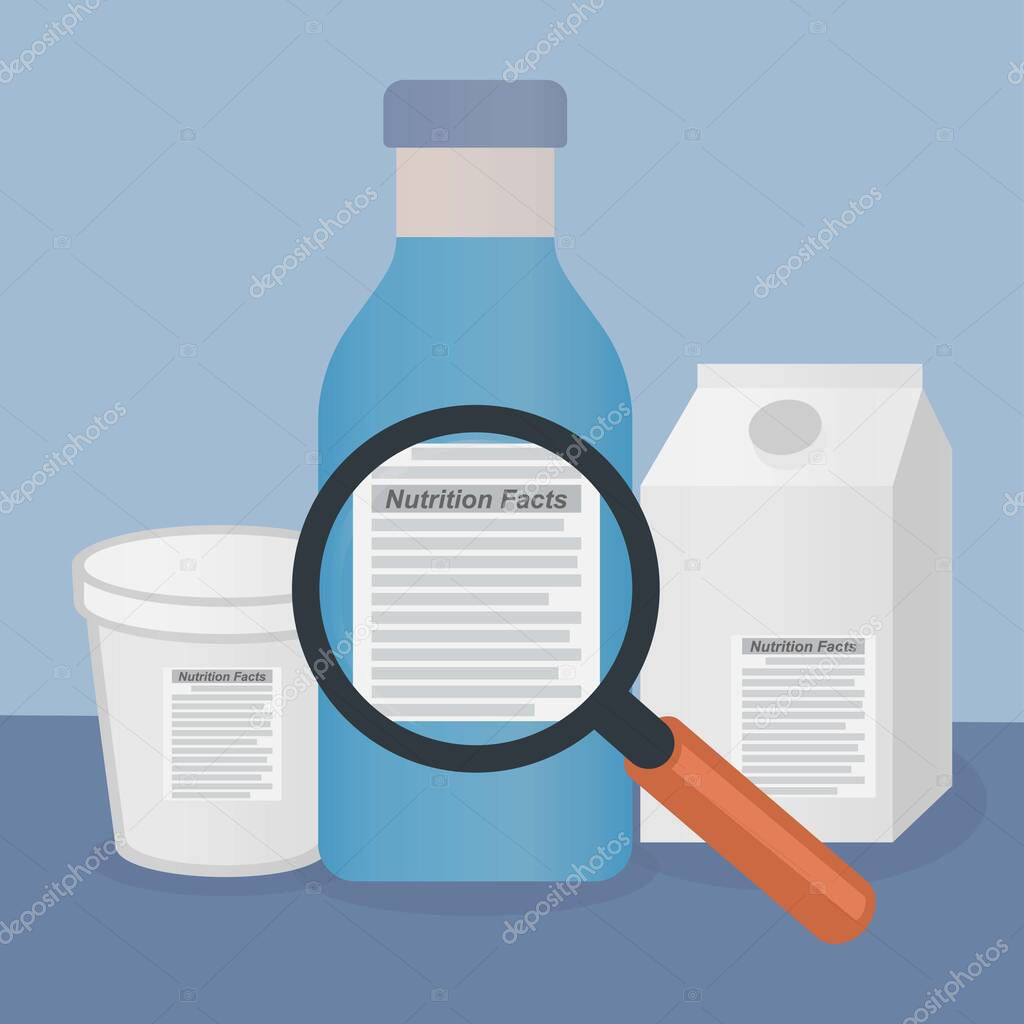 Magnifying glass on a product label with the text nutrition facts, read the label concept