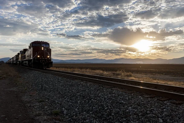 Train on tracks at sunrise. — Stock Photo, Image