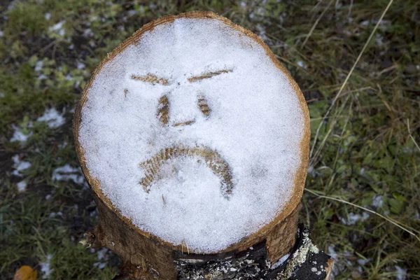 Cara enojada dibujada en la nieve . — Foto de Stock
