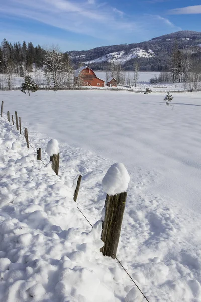 Zaunlinie führt zu Scheune in schneebedecktem Feld. — Stockfoto