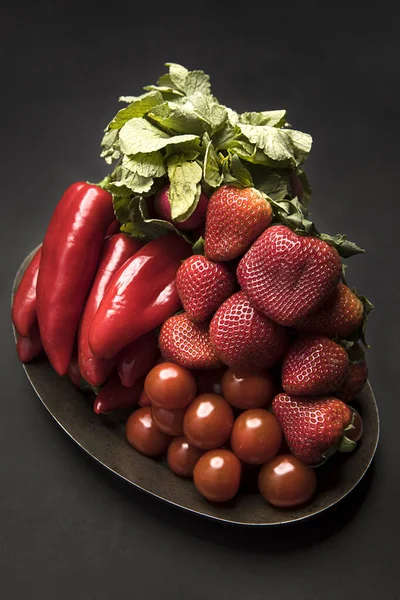 Frutas Verduras Rojas Surtido Frutas Verduras Rojas Plato Que Consiste — Foto de Stock