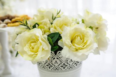 Küçük metal kova içinde beyaz gül