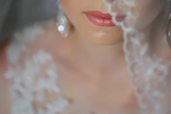 Foco seletivo nos lábios da noiva covored com véu — Fotografia de Stock