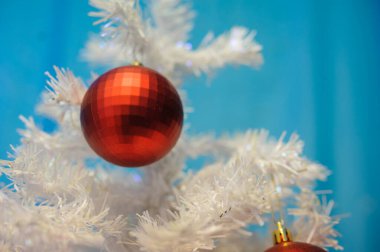 Mavi arka planda beyaz bir ağaca asılı kırmızı bir Noel topunun yakın plan fotoğrafı.