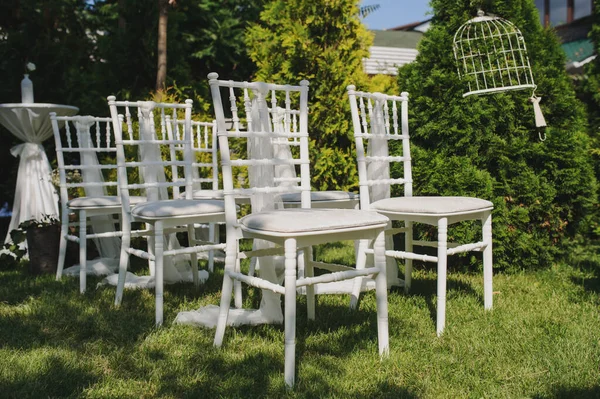 Rows White Empty Chairs Lawn Wedding Ceremony Sorrunded Trees White — Stock Photo, Image