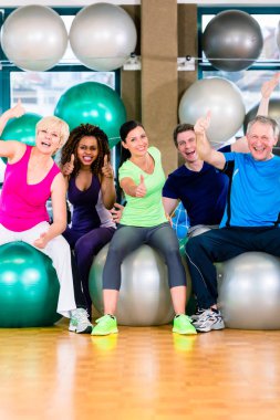 Spor salonunda fitness topları oturan kadın ve erkek