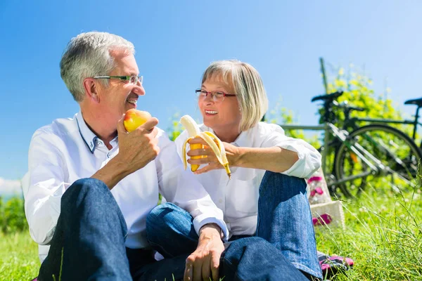 Senior couple eating and drinking at picnic in summer — Stock Photo, Image