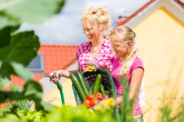 Famiglia al giardinaggio di fronte alla loro casa — Foto Stock