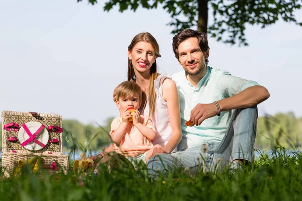 Семья устраивает пикник на озере, сидя на лугу — стоковое фото