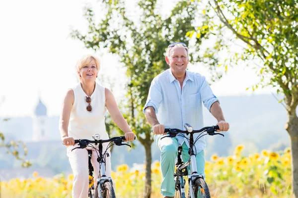 Yaşlı çift, kadın ve erkek, bisiklete biniyorlar. — Stok fotoğraf