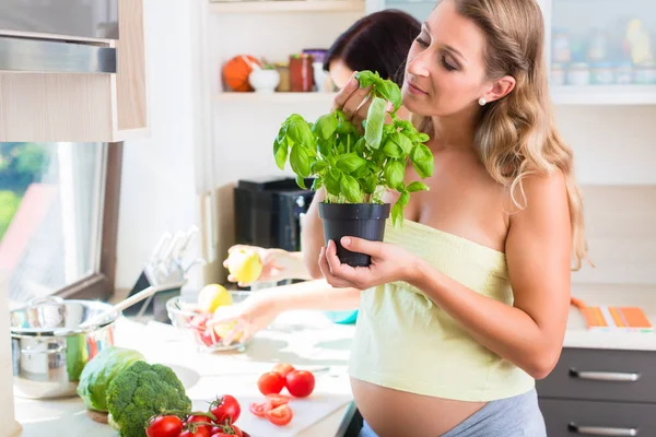 Zwei schwangere beste Freundinnen bei der Zubereitung gesunder Nahrung — Stockfoto