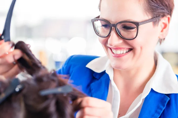 Hairdresser styling woman hair in shop — Stock Photo, Image